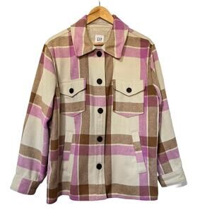 GAP Women’s Pink Plaid Twill Shirt Jacket Shacket Size L Preppy Unlined Pockets